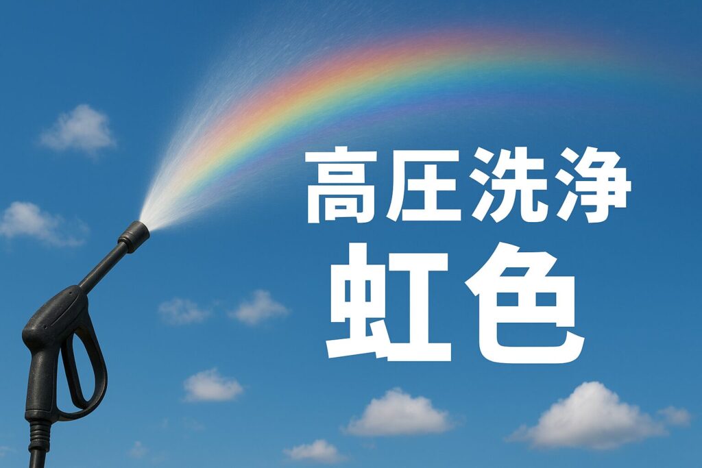 高圧洗浄 虹色のアイキャッチ画像|高圧洗浄機で空に向かって噴射して虹がかかる様子