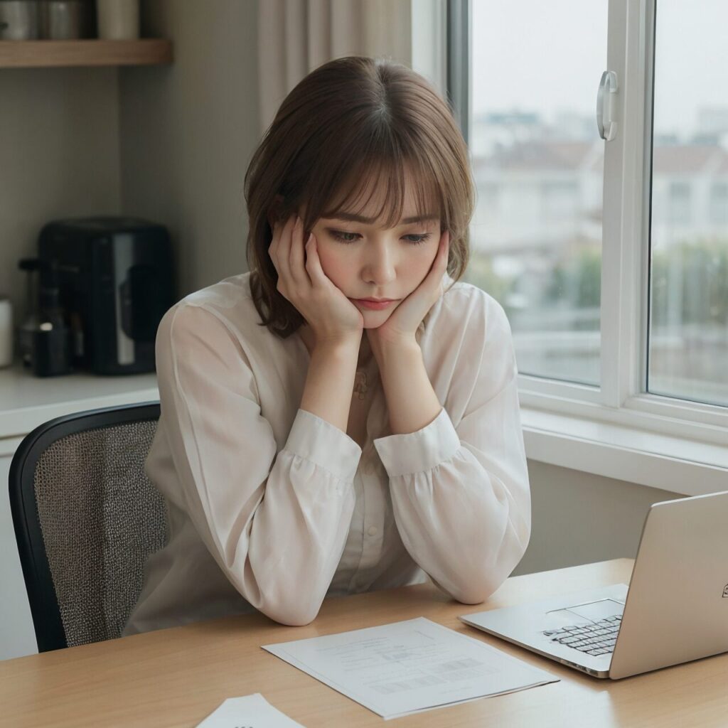 不明瞭な料金で悩んでいるお客様のイメージ｜女性とPCと紙