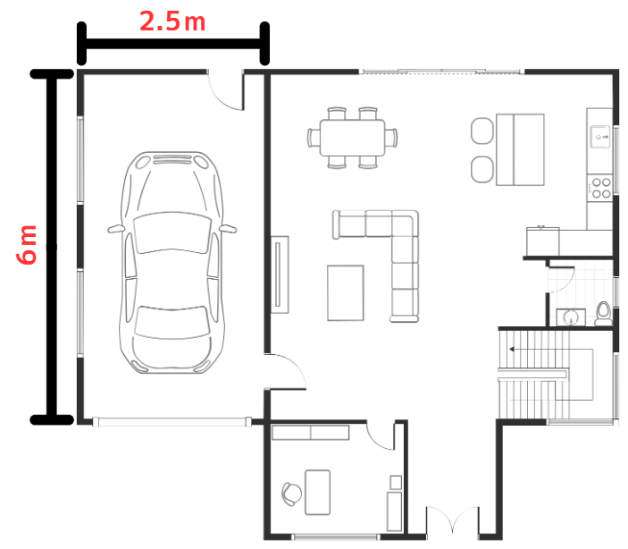 一軒家の平面図で駐車場の範囲に2.5mと6mという文字を表記した画像