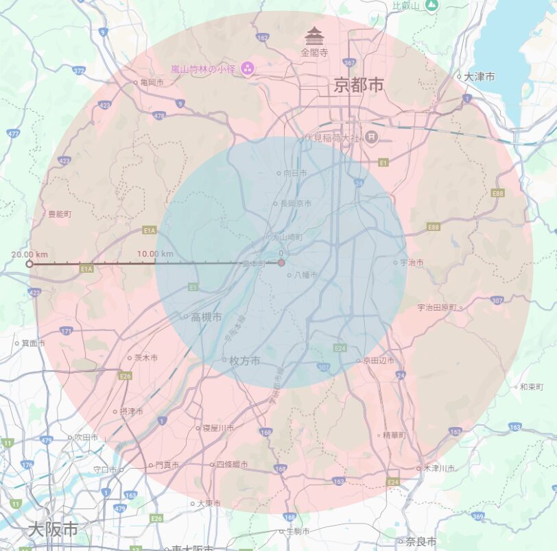 出張範囲の地図画像|石清水八幡宮駅を中心として半径10kmの青い円と半径20kmの赤い円